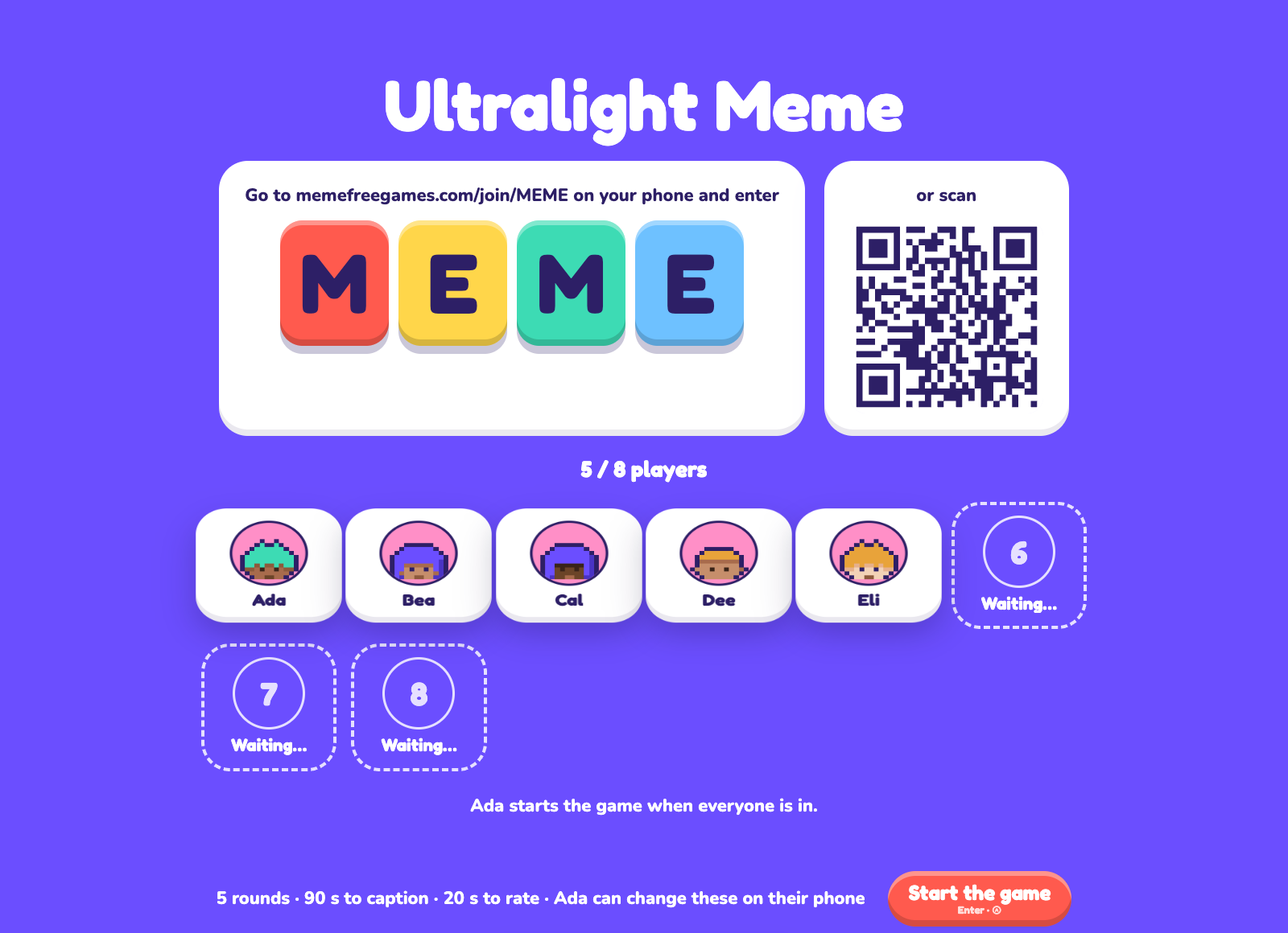 Players join from their phones with the code or the QR code.