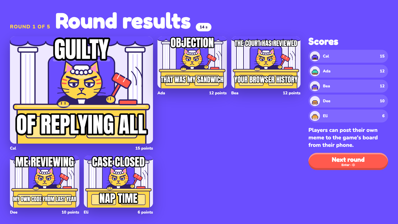 The round results rank the memes and show who wrote each one.